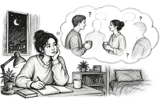 A person at home replaying an earlier conversation