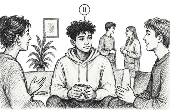 A person holding back while others talk around a table