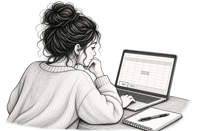 A woman checking two spreadsheet tabs on her laptop